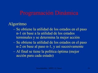 Incertidumbre - MDP, L.E. Sucar 16
Programación Dinámica
Algoritmo
– Se obtiene la utilidad de los estados en el paso
n-1 ...