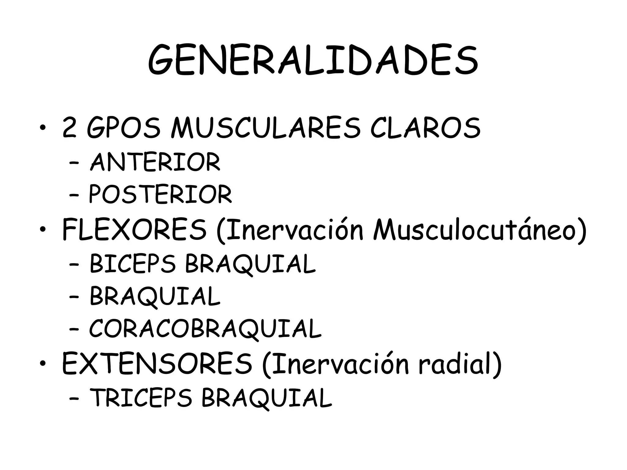 GENERALIDADES
• 2 GPOS MUSCULARES CLAROS
– ANTERIOR
– POSTERIOR
• FLEXORES (Inervación Musculocutáneo)
– BICEPS BRAQUIAL
– BRAQUIAL
– CORACOBRAQUIAL
• EXTENSORES (Inervación radial)
– TRICEPS BRAQUIAL