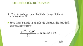 3.-¿Y si nos pidieran la probabilidad de que X fuera
exactamente 3?
 Pero la fórmula de la función de probabilidad nos dará
un resultado exacto
100
ING.
WILLIAM
LEON V.DISTRIBUCION
DISCRETA
DISTRIBUCIÓN DE POISSON
 