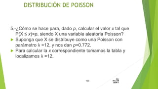 5.-¿Cómo se hace para, dado p, calcular el valor x tal que
P(X ≤ x)=p, siendo X una variable aleatoria Poisson?
 Suponga que X se distribuye como una Poisson con
parámetro λ =12, y nos dan p=0.772.
 Para calcular la x correspondiente tomamos la tabla y
localizamos λ =12.
103
ING.
WILLIAM
LEON V.DISTRIBUCION
DISCRETA
DISTRIBUCIÓN DE POISSON
 