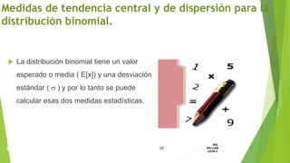  La distribución binomial tiene un valor
esperado o media ( E[x]) y una desviación
estándar (  ) y por lo tanto se puede
calcular esas dos medidas estadísticas.
Medidas de tendencia central y de dispersión para la
distribución binomial.
20
ING.
WILLIAM
LEON V.PROBABILIDAD
BINOMIAL
 