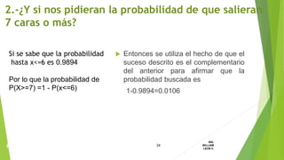  Entonces se utiliza el hecho de que el
suceso descrito es el complementario
del anterior para afirmar que la
probabilidad buscada es
1-0.9894=0.0106
34
ING.
WILLIAM
LEON V.PROBABILIDAD
BINOMIAL
2.-¿Y si nos pidieran la probabilidad de que salieran
7 caras o más?
Si se sabe que la probabilidad
hasta x<=6 es 0.9894
Por lo que la probabilidad de
P(X>=7) =1 - P(x<=6)
 