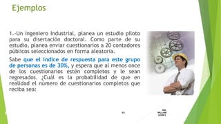 1.-Un Ingeniero Industrial, planea un estudio piloto
para su disertación doctoral. Como parte de su
estudio, planea enviar cuestionarios a 20 contadores
públicos seleccionados en forma aleatoria.
Sabe que el índice de respuesta para este grupo
de personas es de 30%, y espera que al menos once
de los cuestionarios estén completos y le sean
regresados. ¿Cuál es la probabilidad de que en
realidad el número de cuestionarios completos que
reciba sea:
44
ING.
WILLIAM
LEON V.PROBABILIDAD
BINOMIAL
Ejemplos
 