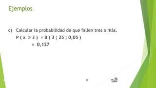 c) Calcular la probabilidad de que fallen tres o más.
P ( x  3 ) = B ( 3 ; 25 ; 0,05 )
= 0,127
53
ING.
WILLIAM
LEON V.PROBABILIDAD
BINOMIAL
Ejemplos
 