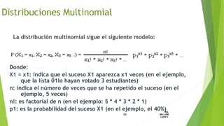 La distribución multinomial sigue el siguiente modelo:
59
ING.
WILLIAM
LEON V.DISTRIBUCION
DISCRETA
Distribuciones Multinomial
Donde:
X1 = x1: indica que el suceso X1 aparezca x1 veces (en el ejemplo,
que la lista 01lo hayan votado 3 estudiantes)
n: indica el número de veces que se ha repetido el suceso (en el
ejemplo, 5 veces)
n!: es factorial de n (en el ejemplo: 5 * 4 * 3 * 2 * 1)
p1: es la probabilidad del suceso X1 (en el ejemplo, el 40%)
 