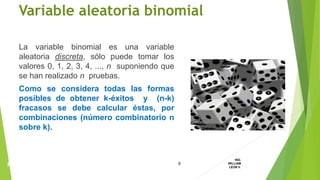 La variable binomial es una variable
aleatoria discreta, sólo puede tomar los
valores 0, 1, 2, 3, 4, ..., n suponiendo que
se han realizado n pruebas.
Como se considera todas las formas
posibles de obtener k-éxitos y (n-k)
fracasos se debe calcular éstas, por
combinaciones (número combinatorio n
sobre k).
Variable aleatoria binomial
6
ING.
WILLIAM
LEON V.PROBABILIDAD
BINOMIAL
 