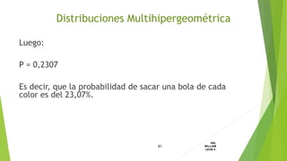 Luego:
P = 0,2307
Es decir, que la probabilidad de sacar una bola de cada
color es del 23,07%.
81
ING.
WILLIAM
LEON V.DISTRIBUCION
DISCRETA
Distribuciones Multihipergeométrica
 