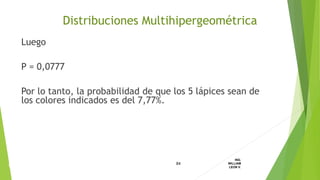 Luego
P = 0,0777
Por lo tanto, la probabilidad de que los 5 lápices sean de
los colores indicados es del 7,77%.
84
ING.
WILLIAM
LEON V.DISTRIBUCION
DISCRETA
Distribuciones Multihipergeométrica
 