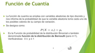  La función de cuantía se emplea con variables aleatorias de tipo discreto y
nos informa de la probabilidad de que la variable aleatoria tome cada uno de
los posibles valores de su campo de variación.
 Se designa como:
 Es la Función de probabilidad de la distribución Binomial o también
denominada función de la distribución de Bernoulli (para n=1).
Verificándose: 0 ≤ p ≤ 1
Función de Cuantía
9
ING.
WILLIAM
LEON V.PROBABILIDAD
BINOMIAL
 