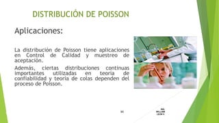 Aplicaciones:
La distribución de Poisson tiene aplicaciones
en Control de Calidad y muestreo de
aceptación.
Además, ciertas distribuciones continuas
importantes utilizadas en teoría de
confiabilidad y teoría de colas dependen del
proceso de Poisson.
90
ING.
WILLIAM
LEON V.DISTRIBUCION
DISCRETA
DISTRIBUCIÓN DE POISSON
 