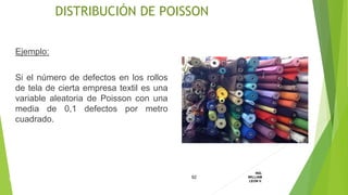 Ejemplo:
Si el número de defectos en los rollos
de tela de cierta empresa textil es una
variable aleatoria de Poisson con una
media de 0,1 defectos por metro
cuadrado.
92
ING.
WILLIAM
LEON V.DISTRIBUCION
DISCRETA
DISTRIBUCIÓN DE POISSON
 
