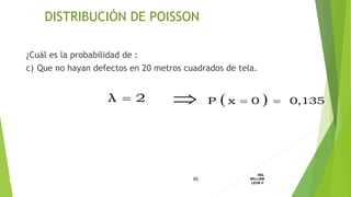 ¿Cuál es la probabilidad de :
c) Que no hayan defectos en 20 metros cuadrados de tela.
95
ING.
WILLIAM
LEON V.DISTRIBUCION
DISCRETA
2λ     1350,0xP 
DISTRIBUCIÓN DE POISSON
 