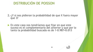 2.-¿Y si nos pidieran la probabilidad de que X fuera mayor
que 3?
 En este caso nos tendríamos que fijar en que este
suceso es el complementario del anterior y que por lo
tanto la probabilidad buscada es de 1-0.987=0.013
98
ING.
WILLIAM
LEON V.DISTRIBUCION
DISCRETA
DISTRIBUCIÓN DE POISSON
 