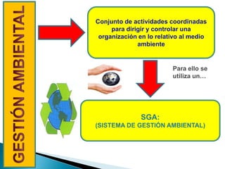 Conjunto de actividades coordinadas
para dirigir y controlar una
organización en lo relativo al medio
ambiente
Para ello se
utiliza un…
SGA:
(SISTEMA DE GESTIÓN AMBIENTAL)
 