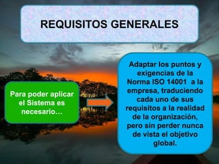 REQUISITOS GENERALES
Para poder aplicar
el Sistema es
necesario…
Adaptar los puntos y
exigencias de la
Norma ISO 14001 a la
empresa, traduciendo
cada uno de sus
requisitos a la realidad
de la organización,
pero sin perder nunca
de vista el objetivo
global.
 