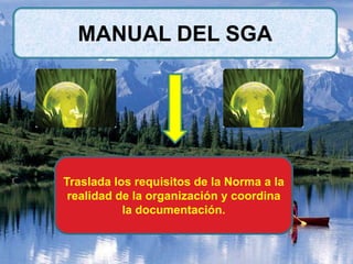MANUAL DEL SGA
Traslada los requisitos de la Norma a la
realidad de la organización y coordina
la documentación.
 