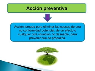 Acción preventiva
Acción tomada para eliminar las causas de una
no conformidad potencial, de un efecto o
cualquier otra situación no deseable, para
prevenir que se produzca.
 