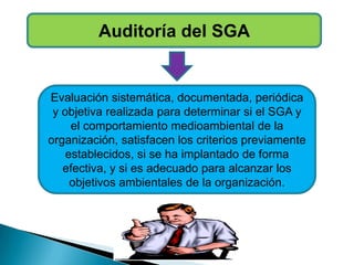 Auditoría del SGA
Evaluación sistemática, documentada, periódica
y objetiva realizada para determinar si el SGA y
el comportamiento medioambiental de la
organización, satisfacen los criterios previamente
establecidos, si se ha implantado de forma
efectiva, y si es adecuado para alcanzar los
objetivos ambientales de la organización.
 