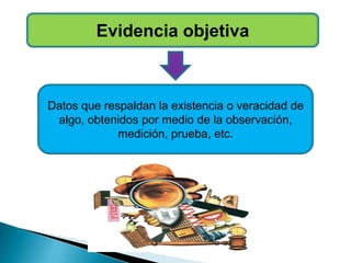 Evidencia objetiva
Datos que respaldan la existencia o veracidad de
algo, obtenidos por medio de la observación,
medición, prueba, etc.
 
