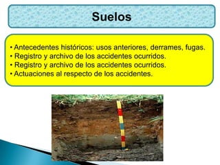 Suelos
• Antecedentes históricos: usos anteriores, derrames, fugas.
• Registro y archivo de los accidentes ocurridos.
• Registro y archivo de los accidentes ocurridos.
• Actuaciones al respecto de los accidentes.
 