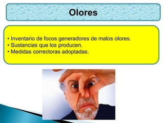 Olores
• Inventario de focos generadores de malos olores.
• Sustancias que los producen.
• Medidas correctoras adoptadas.
 