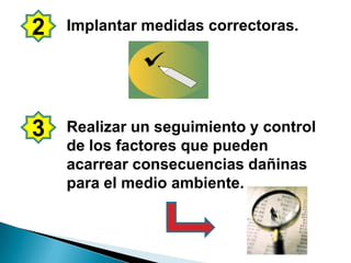 2 Implantar medidas correctoras.
3 Realizar un seguimiento y control
de los factores que pueden
acarrear consecuencias dañinas
para el medio ambiente.
 