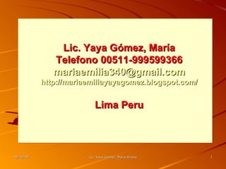 08/06/09 Lic. Yaya Gómez, María Telefono 00511-999599366 [email_address] http://mariaemiliayayagomez.blogspot.com/ Lima Peru Lic. Yaya Gomez, Maria Emilia 