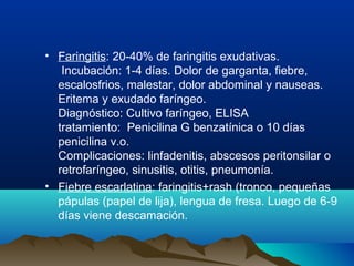 • Faringitis: 20-40% de faringitis exudativas.
Incubación: 1-4 días. Dolor de garganta, fiebre,
escalosfrios, malestar, dolor abdominal y nauseas.
Eritema y exudado faríngeo.
Diagnóstico: Cultivo faríngeo, ELISA
tratamiento: Penicilina G benzatínica o 10 días
penicilina v.o.
Complicaciones: linfadenitis, abscesos peritonsilar o
retrofaríngeo, sinusitis, otitis, pneumonía.
• Fiebre escarlatina: faringitis+rash (tronco, pequeñas
pápulas (papel de lija), lengua de fresa. Luego de 6-9
días viene descamación.
 