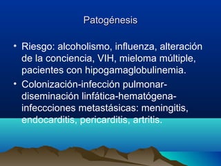 PatogénesisPatogénesis
• Riesgo: alcoholismo, influenza, alteración
de la conciencia, VIH, mieloma múltiple,
pacientes con hipogamaglobulinemia.
• Colonización-infección pulmonar-
diseminación linfática-hematógena-
infeccciones metastásicas: meningitis,
endocarditis, pericarditis, artritis.
 