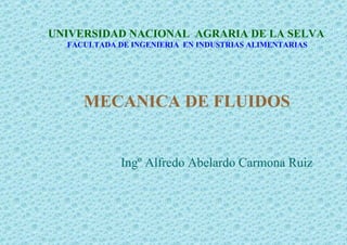 UNIVERSIDAD NACIONAL AGRARIA DE LA SELVA
  FACULTADA DE INGENIERIA EN INDUSTRIAS ALIMENTARIAS




     MECANICA DE FLUIDOS


             Ingº Alfredo Abelardo Carmona Ruiz
 