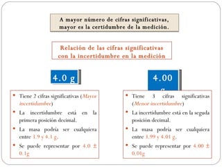 Relación de las cifras significativas con la incertidumbre en la medición Tiene 2 cifras significativas ( Mayor incertidumbre ) La incertidumbre está en la primera posición decimal. La masa podría ser cualquiera entre  3.9 y 4.1 g .  Se puede representar por  4.0    0.1g 4.0 g 4.00 g Tiene 3 cifras significativas ( Menor incertidumbre ) La incertidumbre está en la seguda posición decimal. La masa podría ser cualquiera entre  3.99 y 4.01 g .  Se puede representar por  4.00    0.01g A mayor número de cifras significativas, mayor es la certidumbre de la medición. 