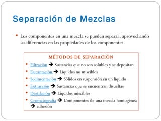 Separación de Mezclas Los componentes en una mezcla se pueden separar, aprovechando las diferencias en las propiedades de los componentes. MÉTODOS DE SEPARACIÓN Filtración     Sustancias que no son solubles y se depositan Decantación    Líquidos no miscibles Sedimentación     Sólidos en suspensión en un líquido Extracción     Sustancias que se encuentran disueltas Destilación     Líquidos miscibles Cromatografía     Componentes de una mezcla homogénea    adhesión 
