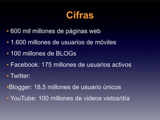 Cifras
• 600 mil millones de páginas web
• 1.600 millones de usuarios de móviles
• 100 millones de BLOGs
• Facebook: 175 millones de usuarios activos
• Twitter:
•Blogger: 18,5 millones de usuario únicos
• YouTube: 100 millones de videos vistos/día
 