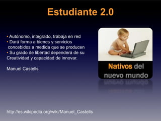 Estudiante 2.0

• Autónomo, integrado, trabaja en red
• Dará forma a bienes y servicios
 concebidos a medida que se producen
• Su grado de libertad dependerá de su
Creatividad y capacidad de innovar.

Manuel Castells




http://es.wikipedia.org/wiki/Manuel_Castells
 