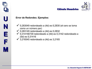 Cálculo Numérico Error de Redondeo. Ejemplos: 0,283049 redondeado a (4d) es 0,2830 (el cero se toma como un número par) 0,283149 redondeado a (4d) es 0,2832 0,314156739 redondeado a (4d) es 0,3142 redondeado a (5d) es 0,31416 3,216545 redondeado a (4d) es 3,2165 