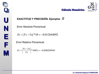Cálculo Numérico EXACTITUD Y PRECISIÓN. Ejemplos Error Absoluto Porcentual: Error Relativo Porcentual: 