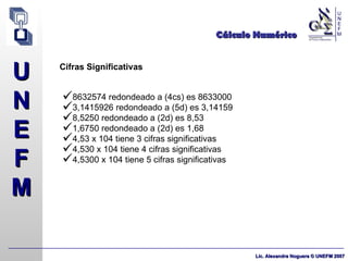 Cálculo Numérico Cifras Significativas 8632574 redondeado a (4cs) es 8633000 3,1415926 redondeado a (5d) es 3,14159 8,5250 redondeado a (2d) es 8,53 1,6750 redondeado a (2d) es 1,68 4,53 x 104 tiene 3 cifras significativas 4,530 x 104 tiene 4 cifras significativas 4,5300 x 104 tiene 5 cifras significativas 