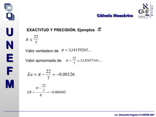 Cálculo Numérico EXACTITUD Y PRECISIÓN. Ejemplos Valor verdadero de  Valor aproximado de  