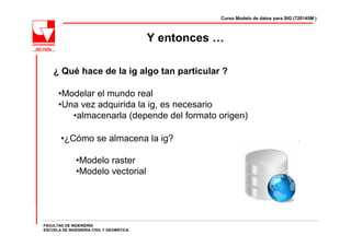 Curso Modelo de datos para SIG (720145M )



                                          Y entonces …

    ¿ Qué hace de la ig algo tan particular ?

      •Modelar el mundo real
      •Una vez adquirida la ig, es necesario
         •almacenarla (depende del formato origen)

        •¿Cómo se almacena la ig?

              •Modelo raster
              •Modelo vectorial




FACULTAD DE INGENIERÍA
ESCUELA DE INGENIERÍA CIVIL Y GEOMÁTICA
 