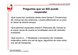 Curso Modelo de datos para SIG (720145M )




                           Preguntas que un SIG puede
                                   responder

  •Qué cosas han cambiado desde cierto tiempo? (Tendencias)
  (Ej: incluye las dos anteriores, y busca diferencias en un area
  en datos de distinto tiempo)

  •Qué patrones espaciales existen? (Patrones) (Ej: Cancer es
  la mayor causa de muerte en localidades cerca de centrales
  nucleares)

  •Qué ocurre si ...? (Modelado y simulación) (Ej: modelado
  matemático sobre una red de agua, algoritmos de ruteo sobre
  una red de transporte)


FACULTAD DE INGENIERÍA
ESCUELA DE INGENIERÍA CIVIL Y GEOMÁTICA
 