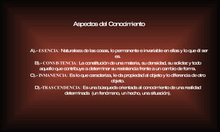 Aspectos del Conocimiento   A).-  ESENCIA:  Naturaleza de las cosas, lo permanente e invariable en ellas y lo que él ser es. B).-  CONSISTENCIA:  La constitución de una materia, su densidad, su solidez y todo aquello que contribuye a determinar su resistencia frente a un cambio de forma. C).-  INMANENCIA:  Es lo que caracteriza, le da propiedad al objeto y lo diferencia de otro objeto. D).- TRASCENDENCIA:  Es una búsqueda orientada al conocimiento de una realidad determinada  (un fenómeno, un hecho, una situación). 