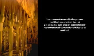 Las cosas están constituidas por sus  cualidades ,  características  o  propiedades  que, ellas sí, parecerían ser los elementos simples o elementales de la realidad. 