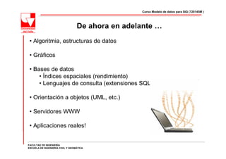 Curso Modelo de datos para SIG (720145M )




                                  De ahora en adelante …
 • Algoritmia, estructuras de datos

 • Gráficos

 • Bases de datos
     • Índices espaciales (rendimiento)
     • Lenguajes de consulta (extensiones SQL)

 • Orientación a objetos (UML, etc.)

 • Servidores WWW

 • Aplicaciones reales!


FACULTAD DE INGENIERÍA
ESCUELA DE INGENIERÍA CIVIL Y GEOMÁTICA
 