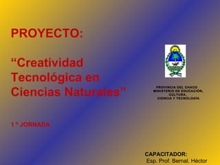 PROYECTO: “ Creatividad Tecnológica en Ciencias Naturales” 1 º JORNADA PROVINCIA DEL CHACO  MINISTERIO DE EDUCACIÓN, CULTURA, CIENCIA Y TECNOLOGÍA CAPACITADOR: Esp. Prof. Bernal, Héctor 