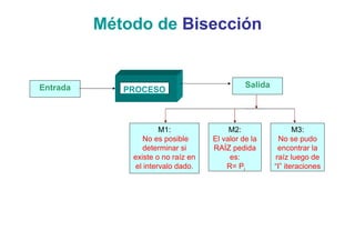 Método de Bisección


Entrada                                       Salida
             PROCESO



                       M1:               M2:                  M3:
                  No es posible     El valor de la       No se pudo
                  determinar si     RAÍZ pedida         encontrar la
              existe o no raíz en        es:           raíz luego de
               el intervalo dado.       R= Pi          “I” iteraciones
 