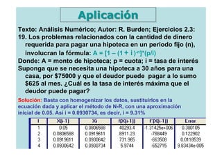 Aplicación
Texto: Análisis Numérico; Autor: R. Burden; Ejercicios 2.3:
19. Los problemas relacionados con la cantidad de dinero
  requerida para pagar una hipoteca en un periodo fijo (n),
  involucran la fórmula: A = [1 – (1 + i )-n]*(p/i)
Donde: A = monto de hipoteca; p = cuota; i = tasa de interés
Suponga que se necesita una hipoteca a 30 años para una
  casa, por $75000 y que el deudor puede pagar a lo sumo
  $625 al mes. ¿Cuál es la tasa de interés máxima que el
  deudor puede pagar?
Solución: Basta con homogenizar los datos, sustituirlos en la
ecuación dada y aplicar el método de N-R, con una aproximación
inicial de 0.05. Así i = 0.0930734, es decir, i = 9.31%
 