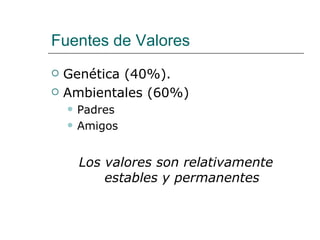 Fuentes de Valores
   Genética (40%).
   Ambientales (60%)
       Padres
       Amigos


        Los valores son relativamente
            estables y permanentes
 