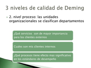    2. nivel proceso: las unidades
    organizacionales se clasifican departamentos


      ¿Qué servicios son de mayor importancia
      para los clientes externos


      Cuales son mis clientes internos


      ¿Qué procesos tiene efecto mas significativo
      en los estándares de desempeño
 