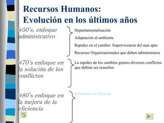 Recursos Humanos:
  Evolución en los últimos años
 50’s, enfoque       Departamentalización
administrativo       Adaptación al ambiente
                     Rapidez en el cambio: Supervivencia del mas apto
                     Recursos Organizacionales que deben administrarse

  70’s enfoque en    La rapidez de los cambios genero diversos conflictos
                     que debían ser resueltos
la solución de los
conflictos


                     Eficiencia vs Eficacia
  80’s enfoque en
la mejora de la
eficiencia
 