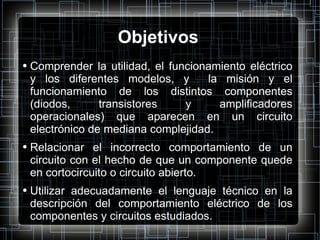 Objetivos Comprender la utilidad, el funcionamiento eléctrico y los diferentes modelos, y  la misión y el funcionamiento de los distintos componentes (diodos, transistores y amplificadores operacionales) que aparecen en un circuito electrónico de mediana complejidad.  Relacionar el incorrecto comportamiento de un circuito con el hecho de que un componente quede en cortocircuito o circuito abierto.  Utilizar adecuadamente el lenguaje técnico en la descripción del comportamiento eléctrico de los componentes y circuitos estudiados.  